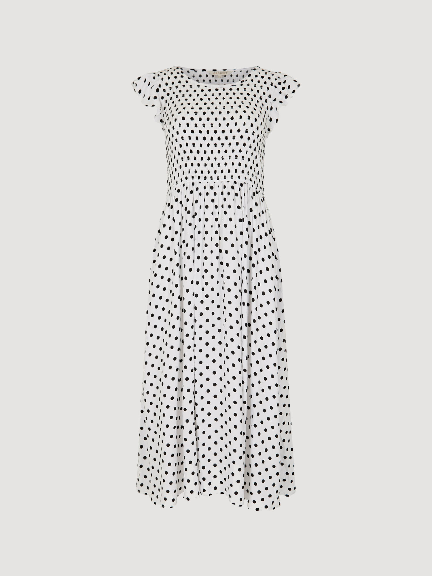 Polkadot Smocked Midi Dress Apricot Clothing