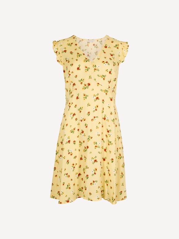 Vintage Floral Ruffle Mini Dress, Yellow, large