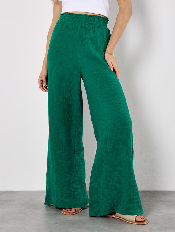 Textured Cotton Wide Leg Trousers, Green, large