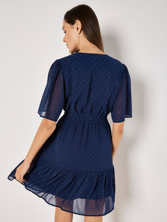 Polka Dot Chiffon Mini Dress, Navy, large