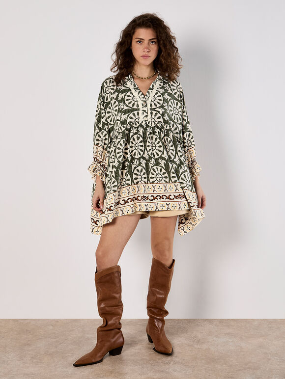 Block Print Oversized Shirt, Khaki, large