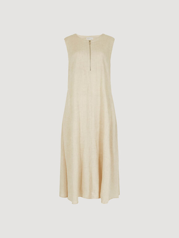 Linen Blend Zip Maxi Dress, Stone, large