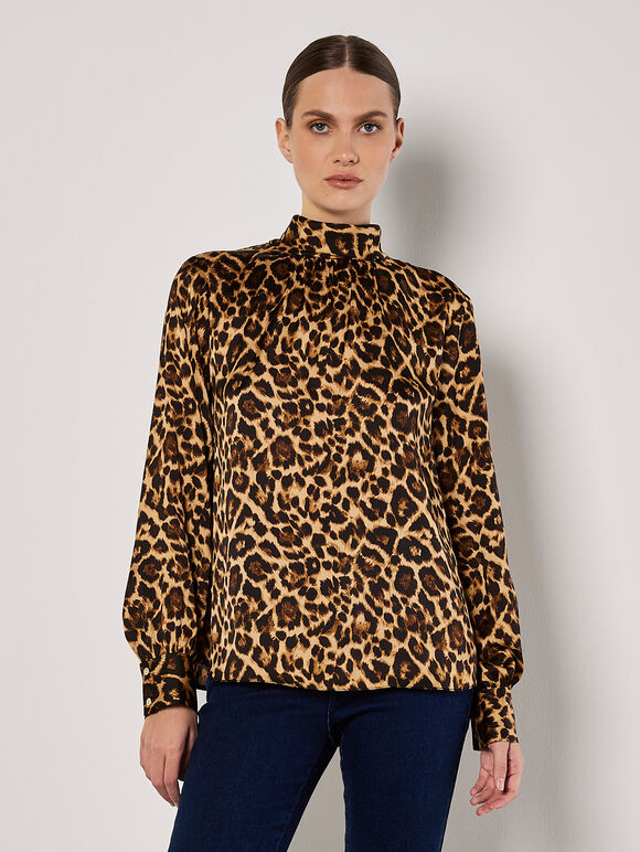 Leopard Print Satin Blouse, Brown, large