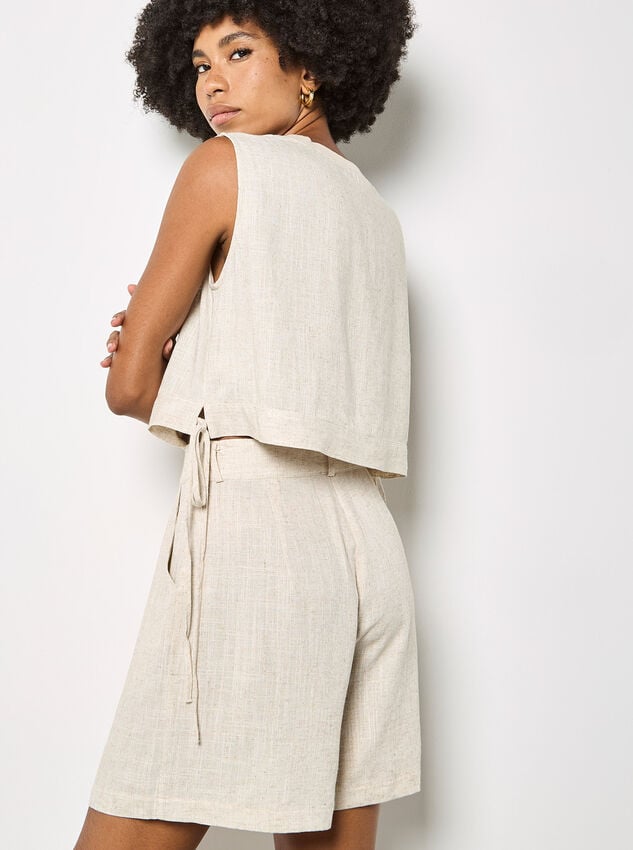 Linen Blend Pleated Mini Shorts, Stone, large