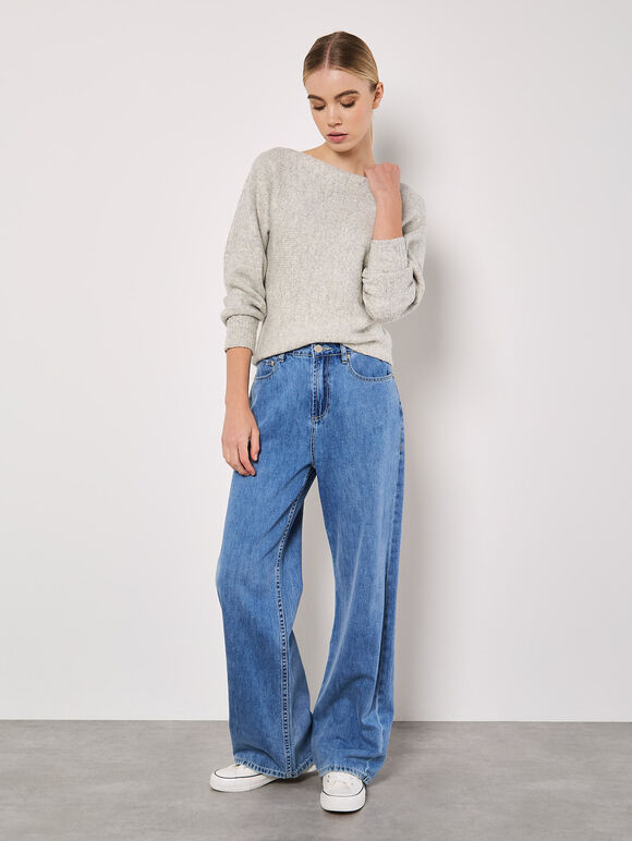 Boat Neck Batwing Jumper, Grey, large