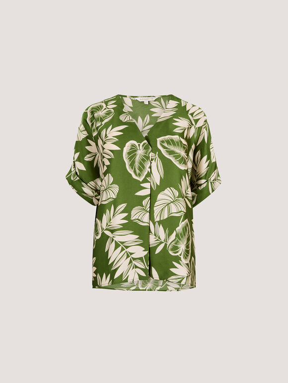 Tropical Leaf Print Satin T-Shirt, Green, large