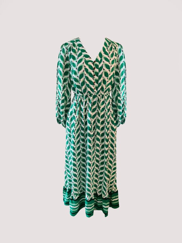 Geo Leaves Drawstring Maxi Dress, Green, large
