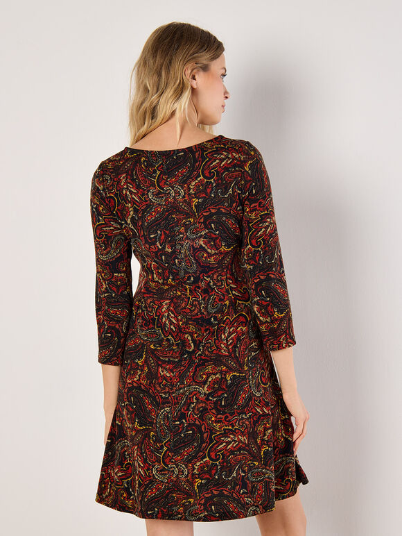 Jersey Knit Paisley Mini Dress, Orange, large