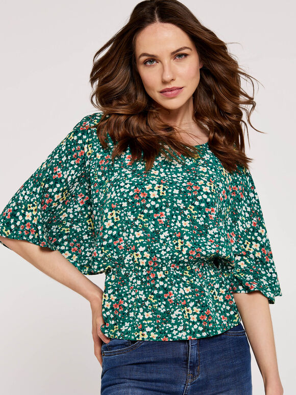 Ditsy Angel Sleeve Top, Green, large