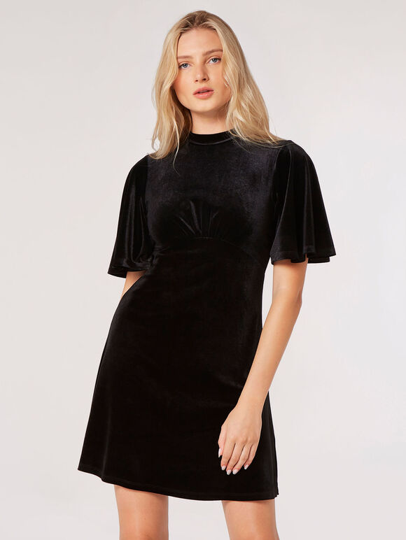 Fit And Flare Velvet Mini Dress, Black, large