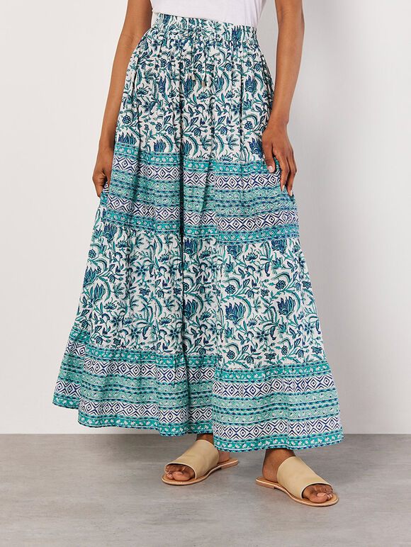 Floral Vine Cotton Tiered Maxi Skirt, Cream, large