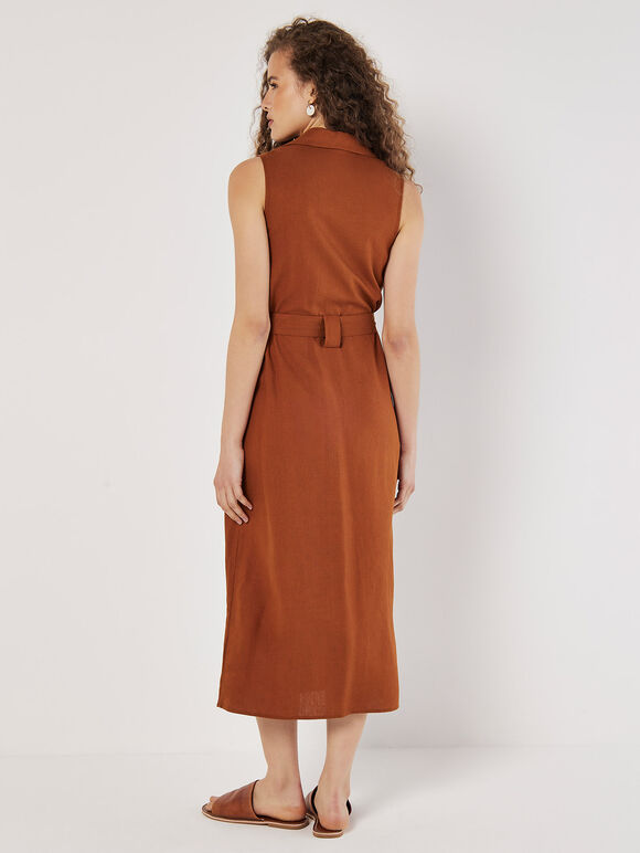 Linen Blend Utility Midi Dress, Rust, large