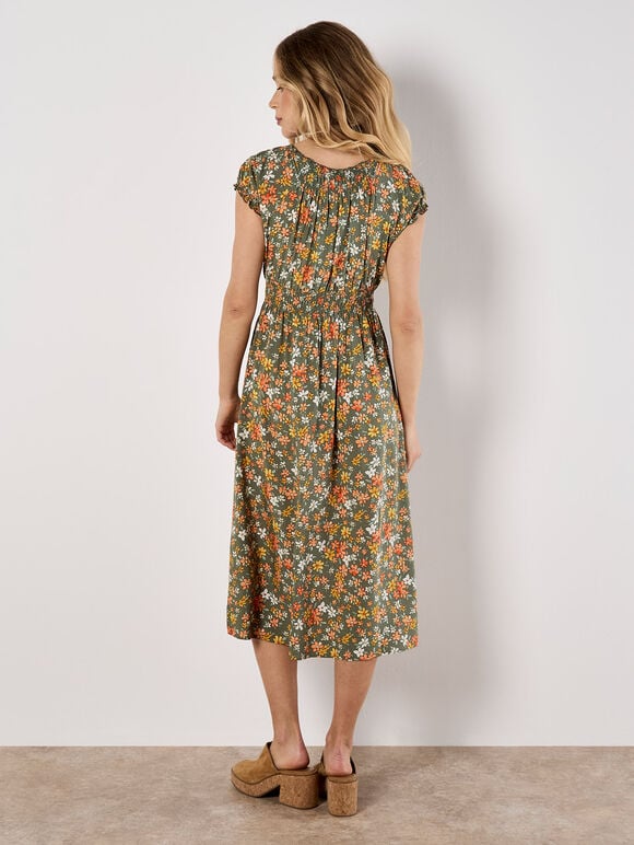 Ditsy Floral Print Milkmaid Midi Dress, Khaki, large