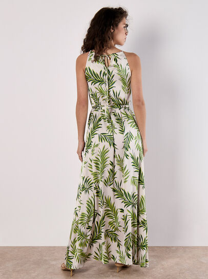 Tropical Leaf Satin Halter Neck Maxi Dress