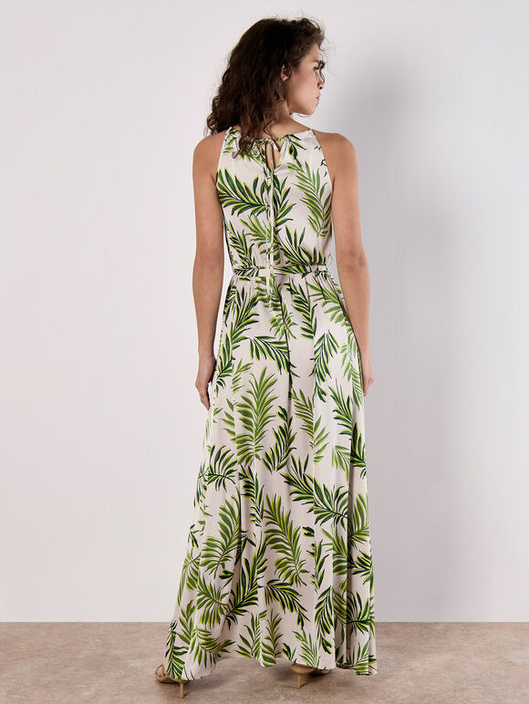 Tropical Leaf Satin Halter Neck Maxi Dress, Stone, large