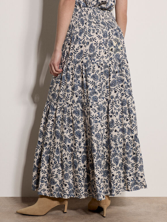 Painterly Paisley Tiered Maxi Skirt, Cream, large