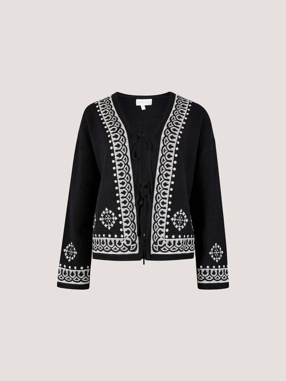 Soft Ribbed Knit Embroidered Cardigan, Black, large