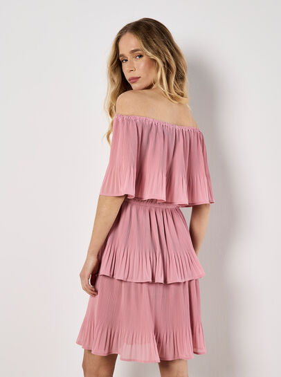 Plisse Tiered Bardot Mini Dress