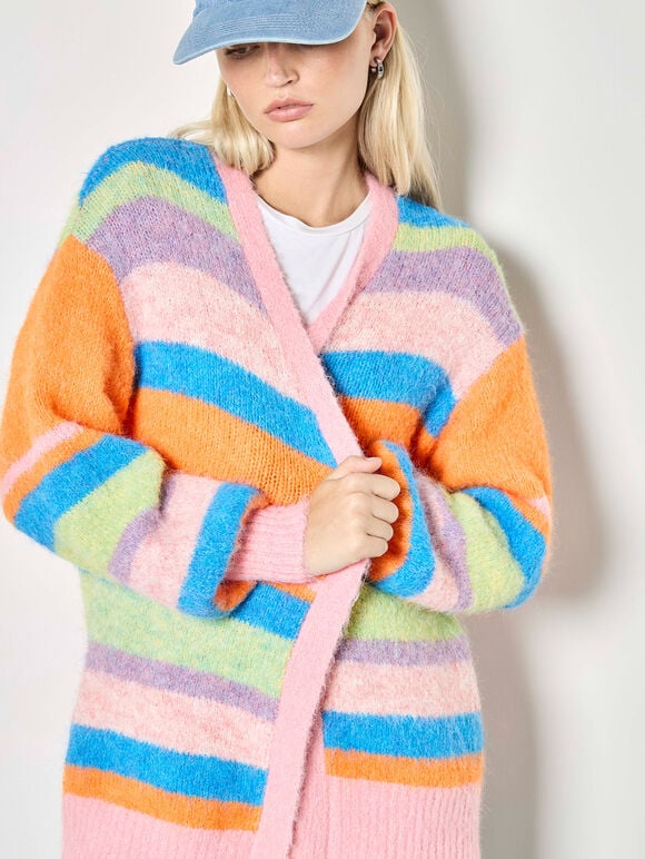 Colourful Stripe Fluffy Knit Cardigan, Pink, large