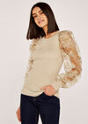 Organza Sleeve Ribbed Jumper, Stone, large