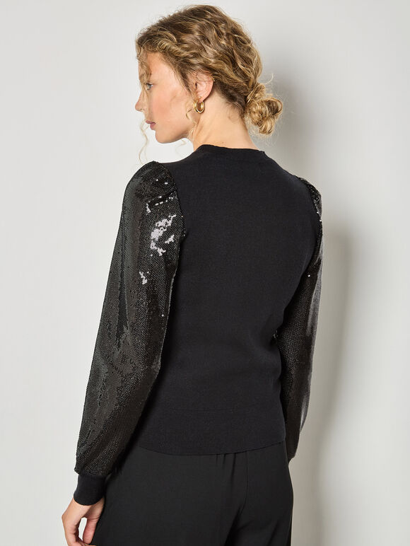 Sequin Arm Ribbed Knit Jumper, Black, large