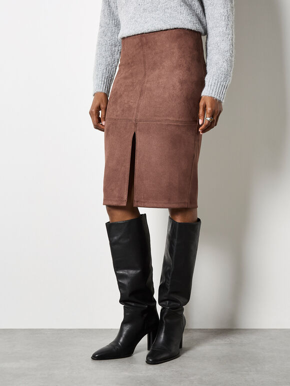 Split Front Suede Pencil Skirt, Brown, large