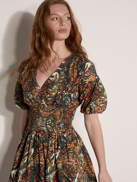 Paisley Bubble Hem Cotton Mini Dress, Khaki, large