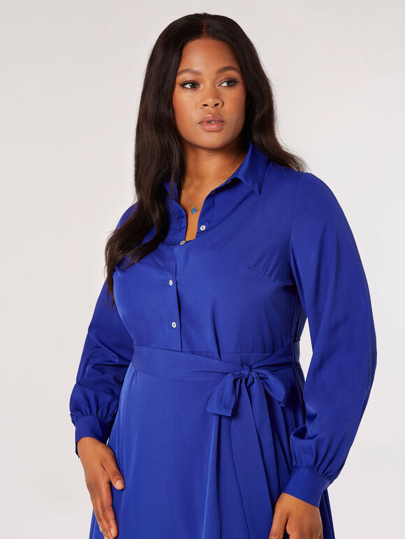 Curve Belted Shirt Midi Dress, Blue, large