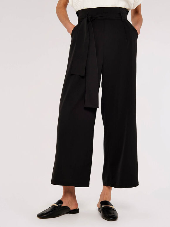 Paperbag Wide Leg Trousers, Black, large
