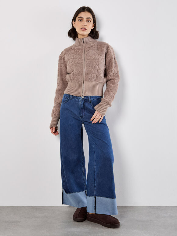 Boucle Knit Cropped Zip Cardigan, Brown, large