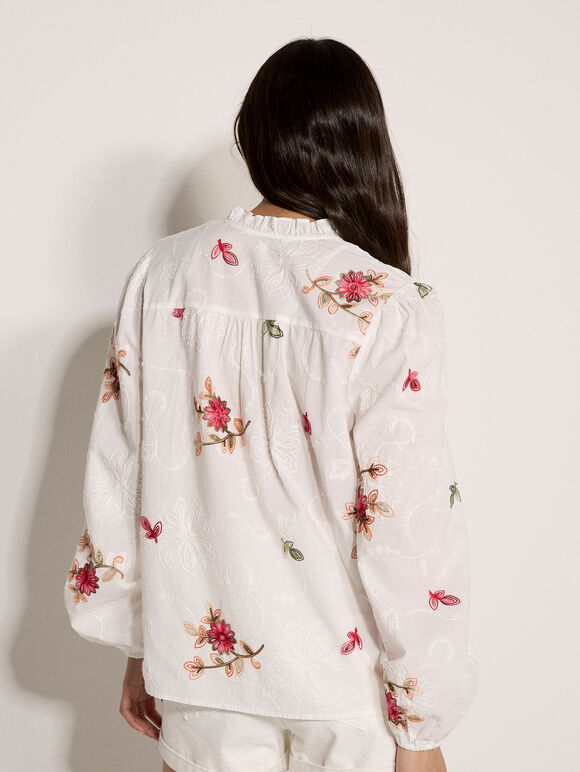 Floral Embroidered Blouse, White, large