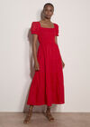 Cotton Tiered Milkmaid Midi Dress, Red, large
