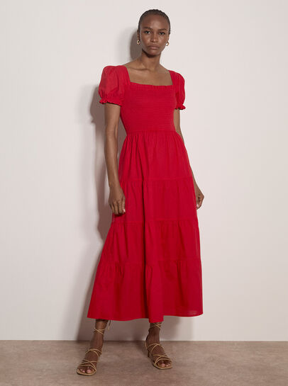Cotton Tiered Milkmaid Midi Dress