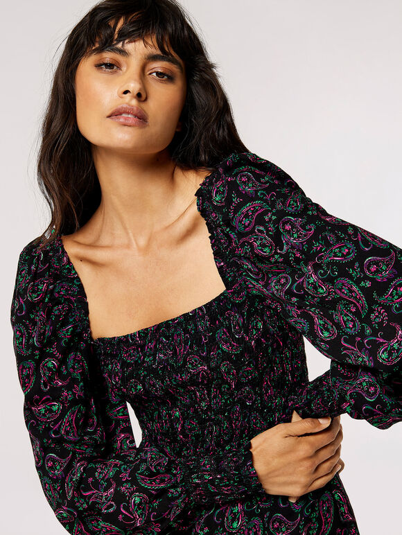 Paisley Milkmaid Mini Dress, Black, large