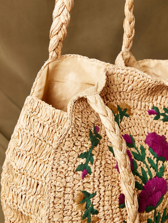 Floral Embroidered Round Straw Bag, Stone, large