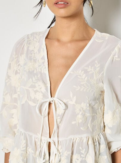 Tie-Front Embroidered Chiffon Top