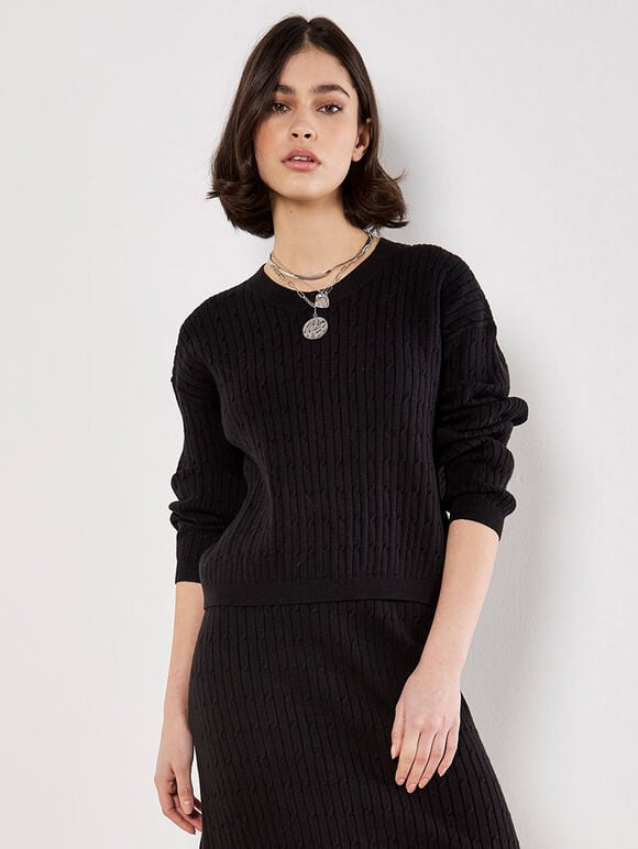 Fine Knit Cable Jumper, Black, large