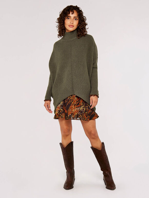 High-Low Mock Neck Chunky Jumper, Khaki, large