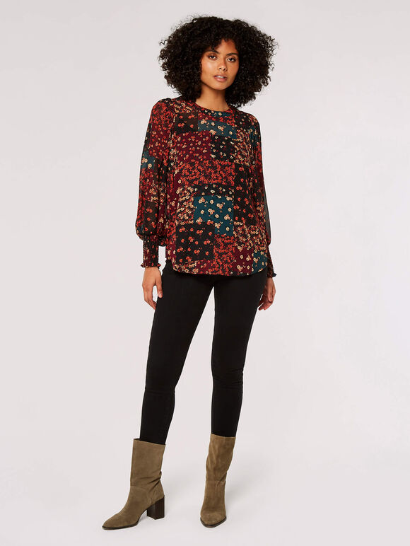 Patchwork Ditsy Floral Top, Black, large