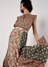 Floral Patchwork Print Midi Skirt, Khaki, large