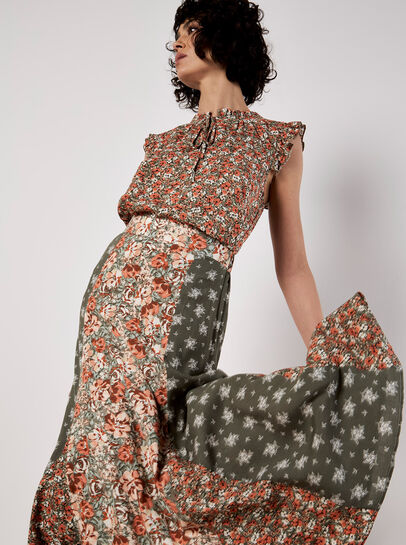 Floral Patchwork Print Midi Skirt