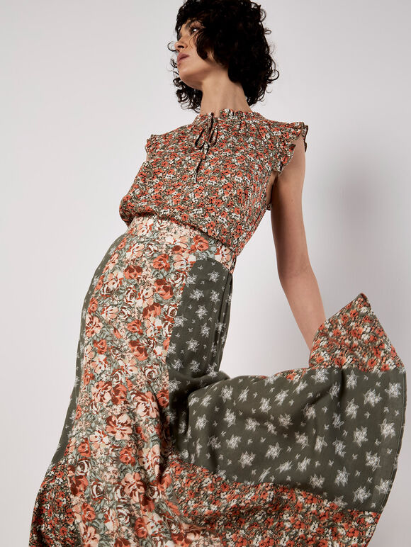 Floral Patchwork Print Midi Skirt, Khaki, large
