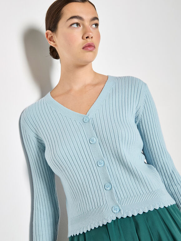 Ribbed Knit Scalloped Cardigan, Blue, large