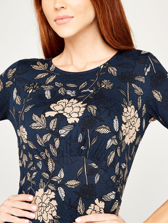 Etched Floral Print Jersey Dress, Navy, large