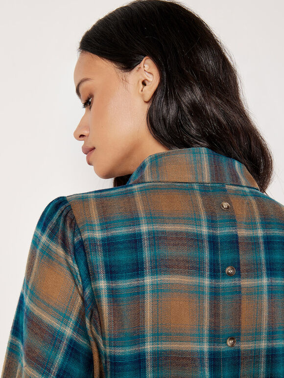 Soft Touch Balloon Sleeve Check Shirt, Brown, large