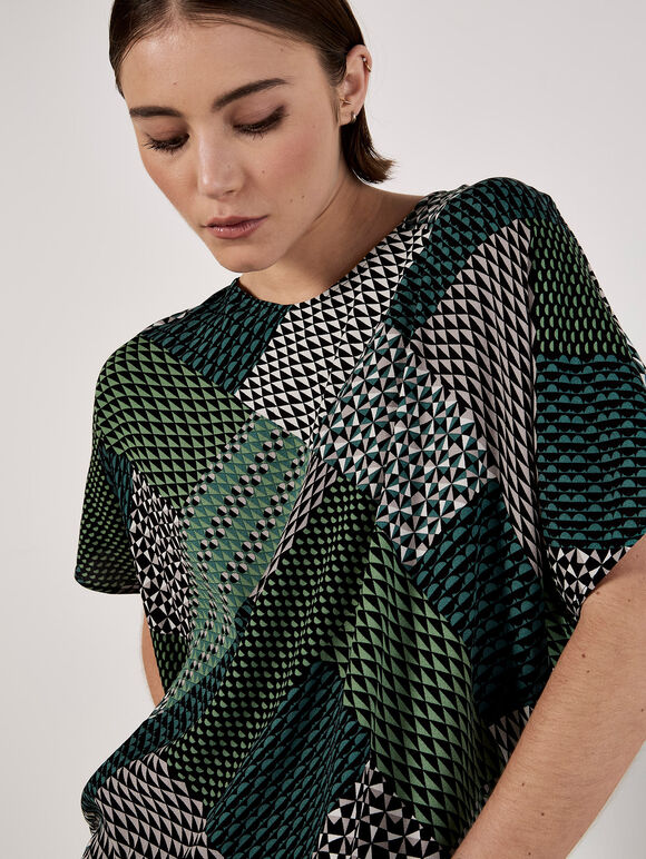 Geometric Patchwork Textured T-Shirt, Green, large
