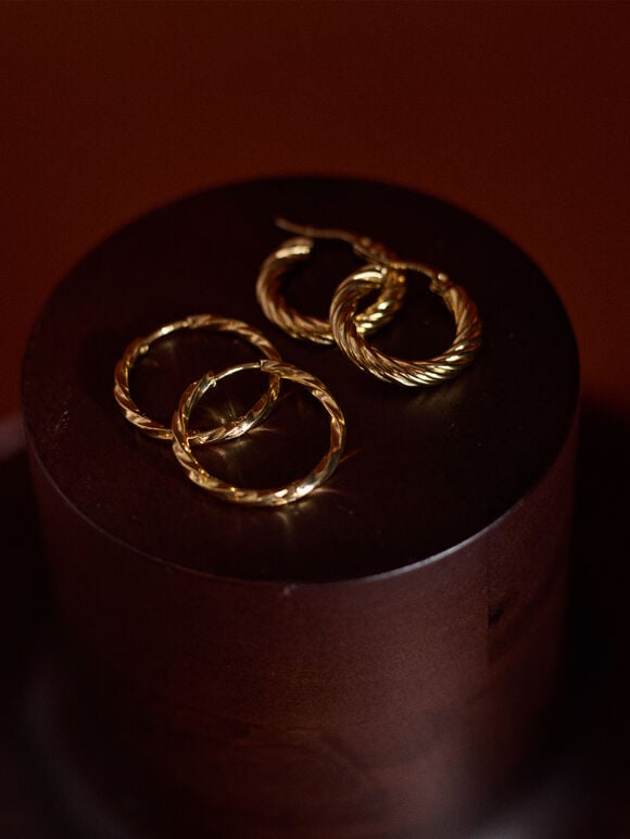 Gold Tone Textured Hoop Earrings, Pack Of 2, Gold, large