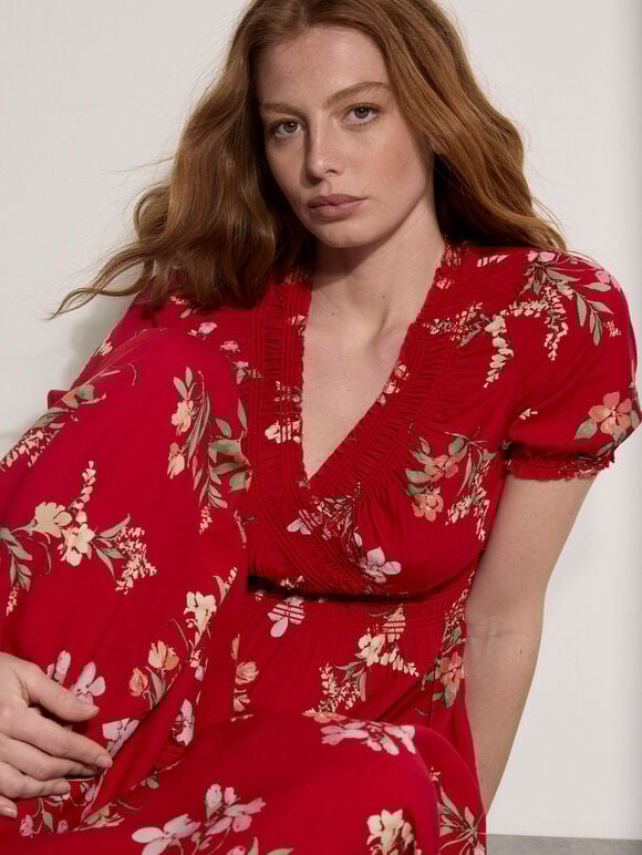 Watercolour Floral Maxi Dress, Red, large