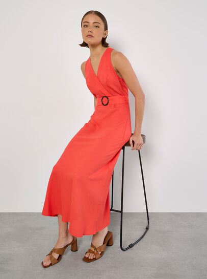 Linen Blend Wrap Midaxi Dress