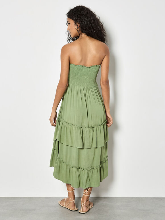 Smocked Bandeau Midi Dress, Green, large